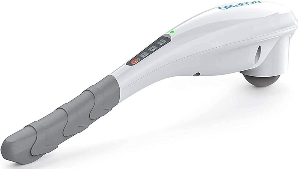 An image of a handheld massager for muscles with a sleek, ergonomic design. The device has a round massage head attachment and multiple speed settings on its handle. Its compact size and simple design make it easy to use for targeting sore or tight muscles.