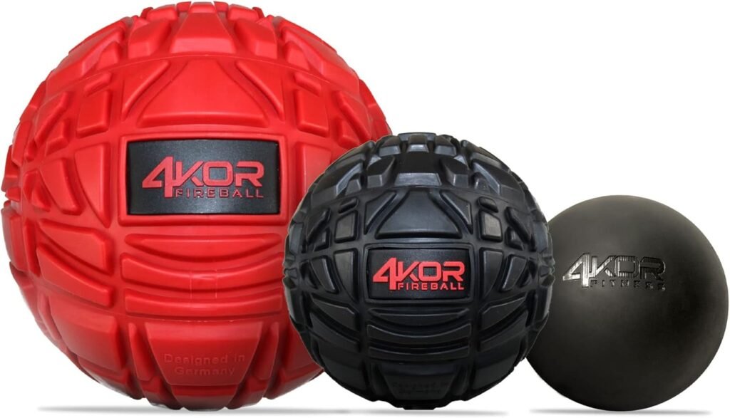 A round massage ball with a textured surface designed for deep tissue relief. Its firm, spiky exterior helps target pressure points, making it ideal for massaging sore muscles and improving circulation. The compact size allows for easy portability and use on various muscle groups, including the back, shoulders, and feet.